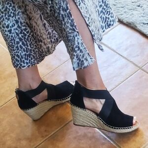 Black Wedge Espadrille Sandals with Cross-Strap